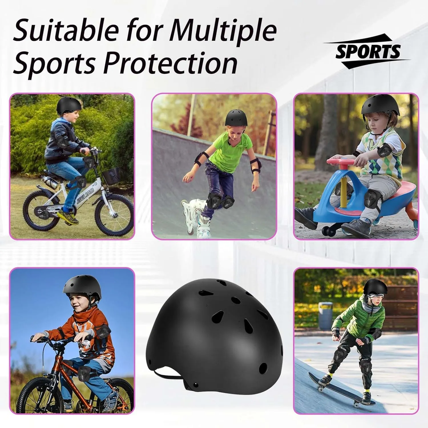 Kids Adjustable Helmet, with Sports Protective Gear Set Knee Elbow Wrist Pads for Toddler Age 3-14 Boys Girls, Bike Skateboard Hoverboard Scooter Rollerblading Helmet Set