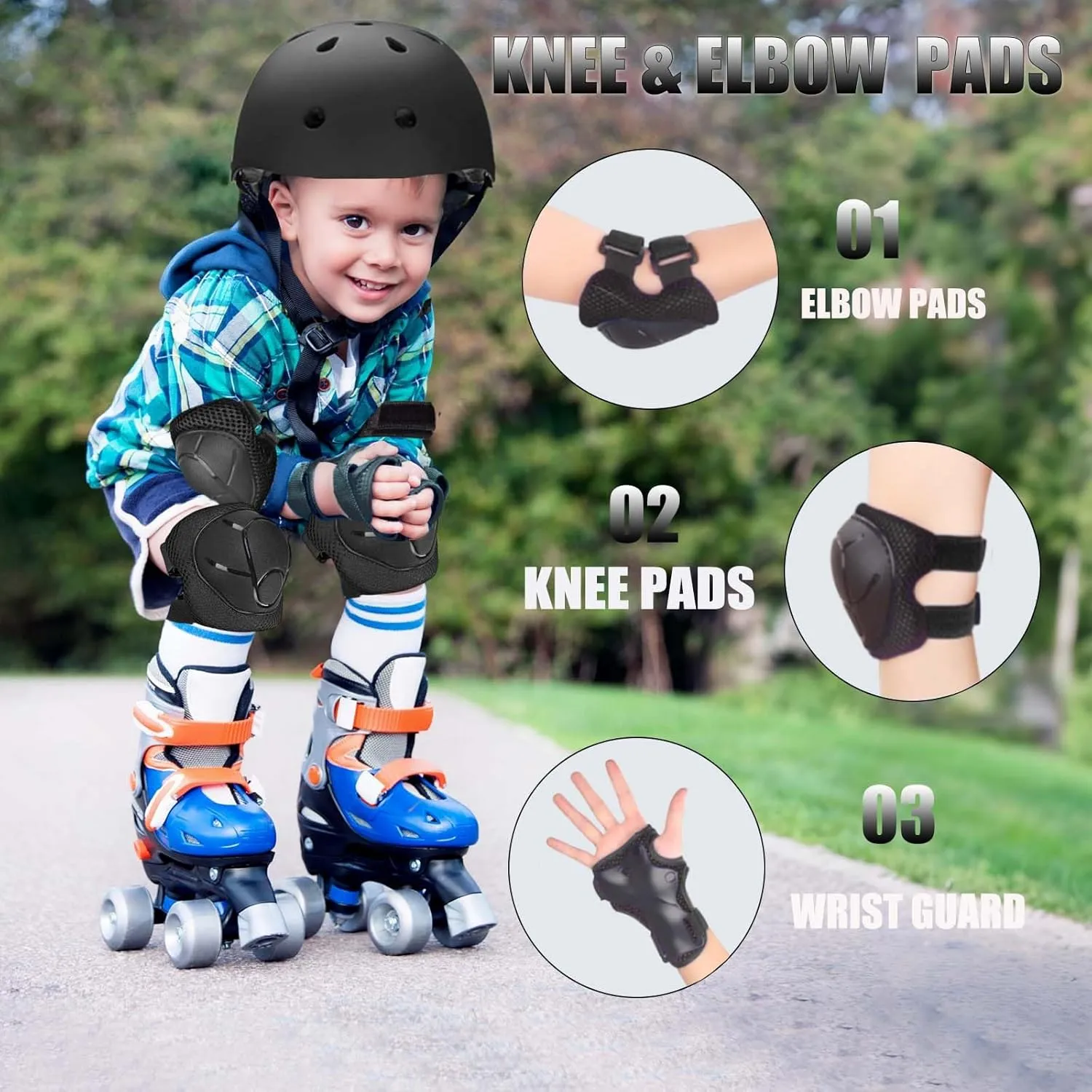 Kids Adjustable Helmet, with Sports Protective Gear Set Knee Elbow Wrist Pads for Toddler Age 3-14 Boys Girls, Bike Skateboard Hoverboard Scooter Rollerblading Helmet Set
