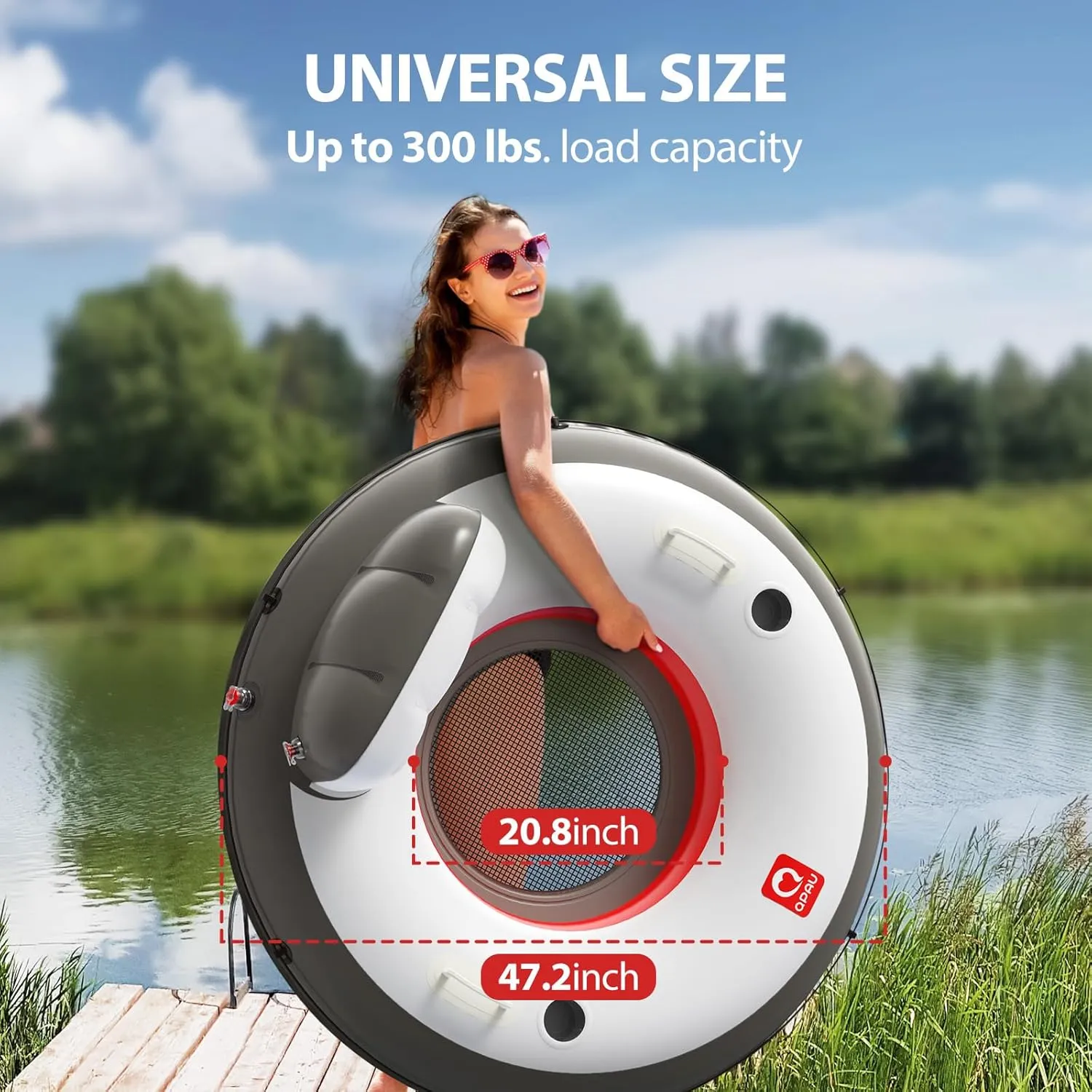 QPAU Inflatable River Tube, 0.4 mm Thickened Puncture-Resistant Heavy Duty River Float, River Raft with Ergonomic Backrest, Mesh Bottom & 2 Cup Holders for Family Friends Lake Float