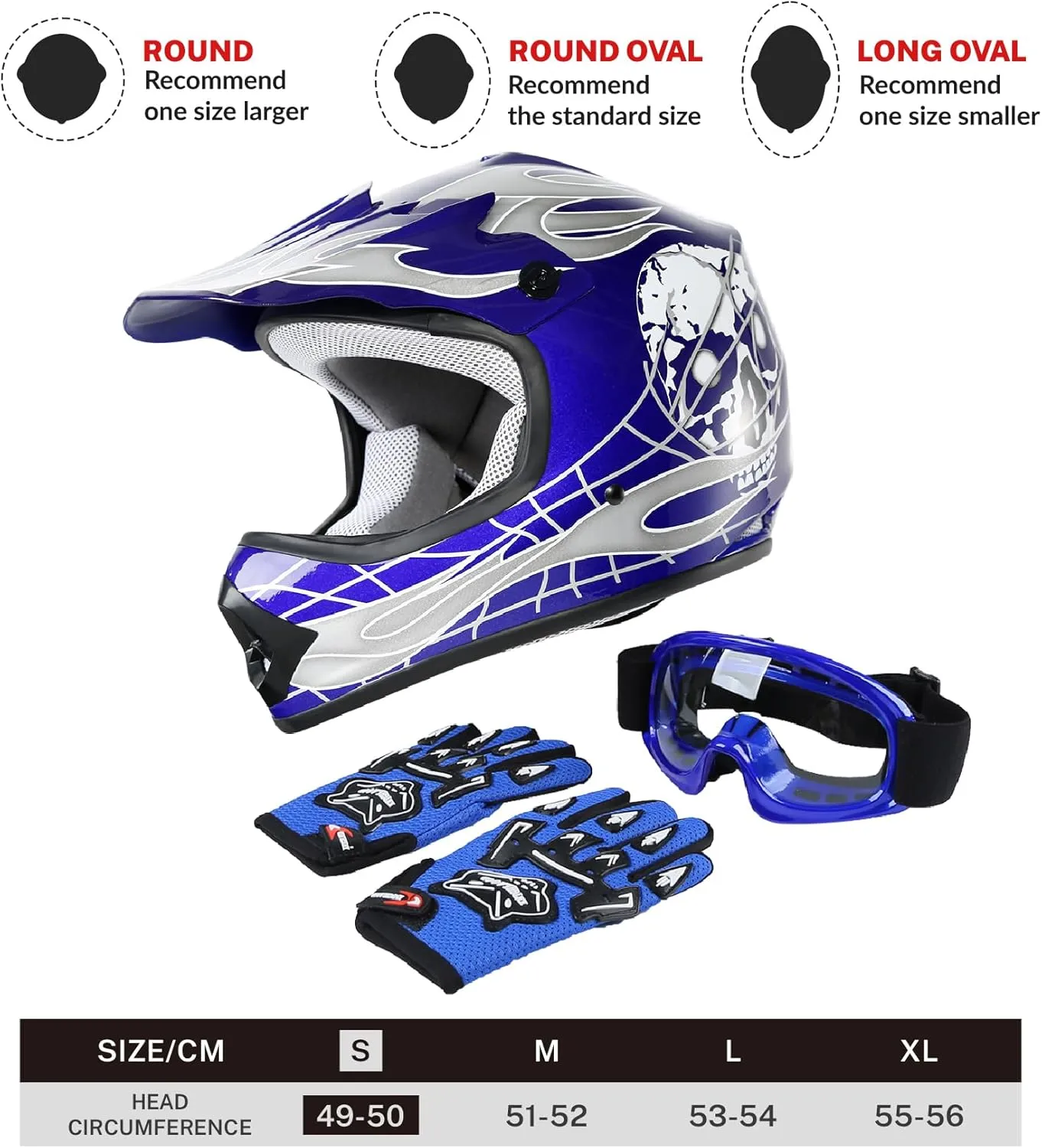 SLMOTO Dot Youth Kids Helmet Motocross Offroad Street Helmet Motorcycle Helmet Dirt Bike Motocross ATV Blue Skull Design HelmetGogglesGloves Small, Blue 2