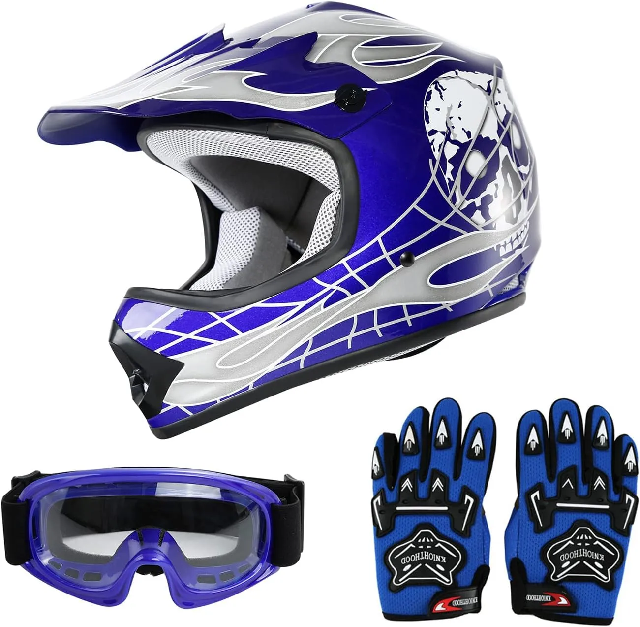 SLMOTO Dot Youth Kids Helmet Motocross Offroad Street Helmet Motorcycle Helmet Dirt Bike Motocross ATV Blue Skull Design HelmetGogglesGloves Small, Blue 2