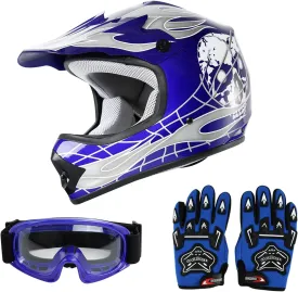SLMOTO Dot Youth Kids Helmet Motocross Offroad Street Helmet Motorcycle Helmet Dirt Bike Motocross ATV Blue Skull Design HelmetGogglesGloves Small, Blue 2